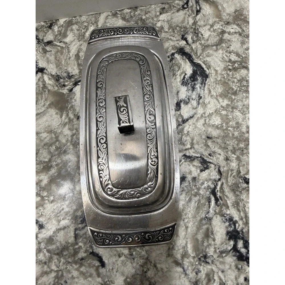 Vintage MCM Metal Ornate Butter Dish With Filigree Design Mid Century